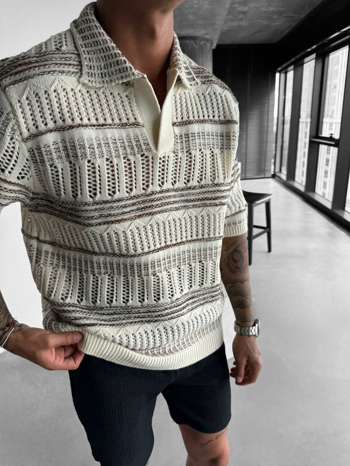Oversize Knit Polo T-Shirt - Brązowy