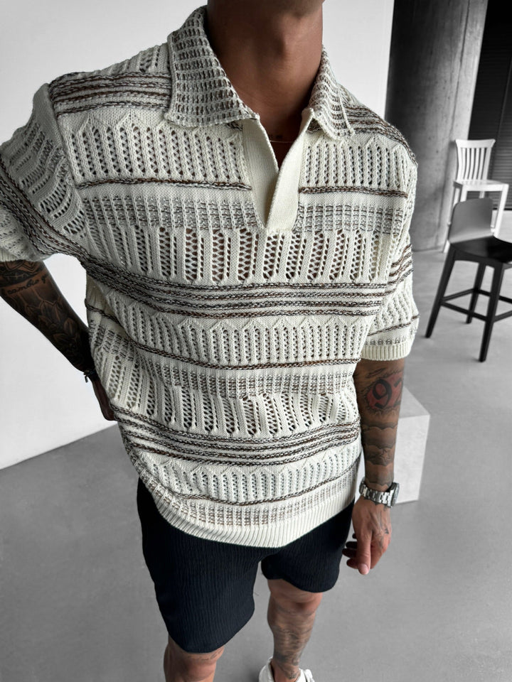 Oversize Knit Polo T-Shirt - Brązowy