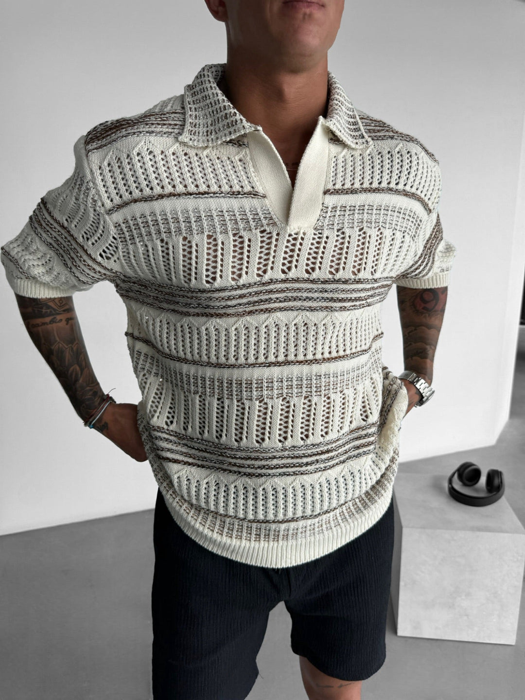 Oversize Knit Polo T-Shirt - Brązowy
