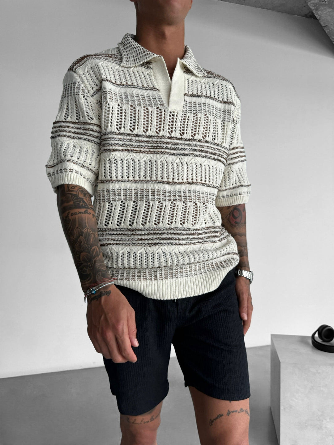 Oversize Knit Polo T-Shirt - Brązowy