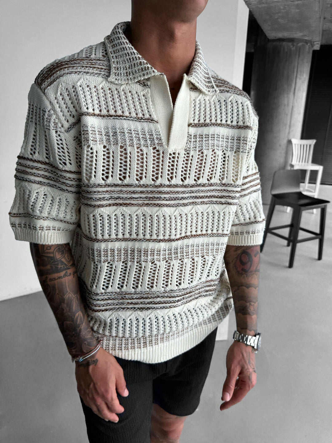 Oversize Knit Polo T-Shirt - Brązowy