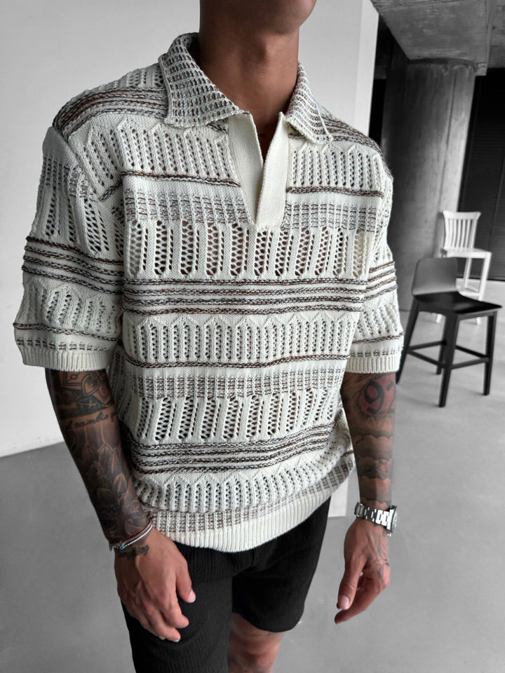 Oversize Knit Polo T-Shirt - Brązowy