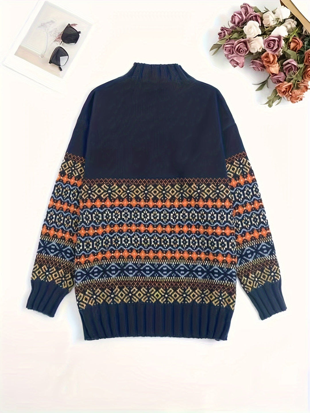 Vintage Jacquard luźny-krój sweter