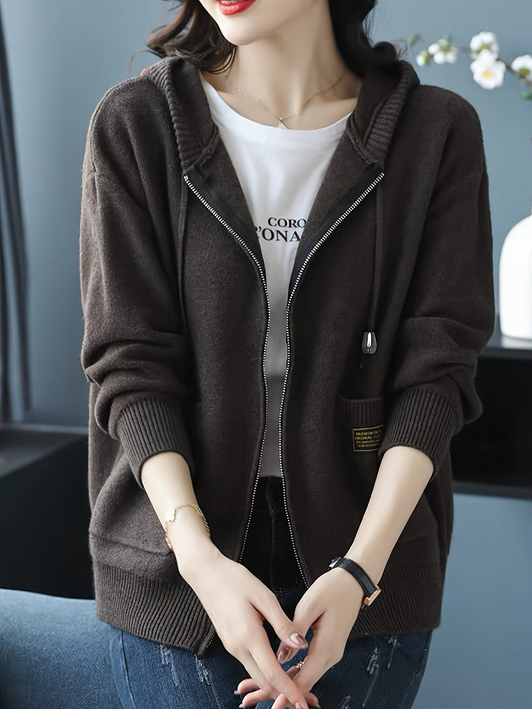 Przytulny Zip-Up z kapturem kardigan