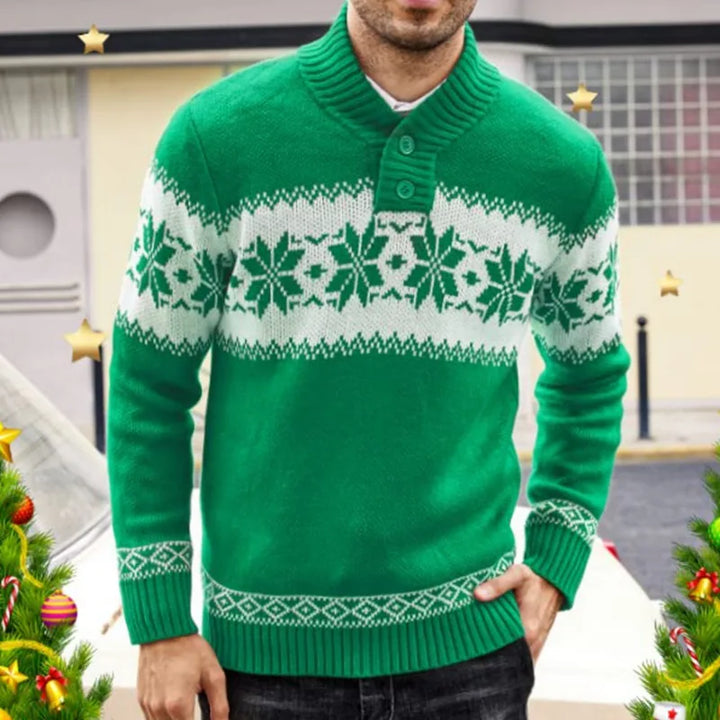 Męski świąteczny sweter w śnieżynki z kołnierzem