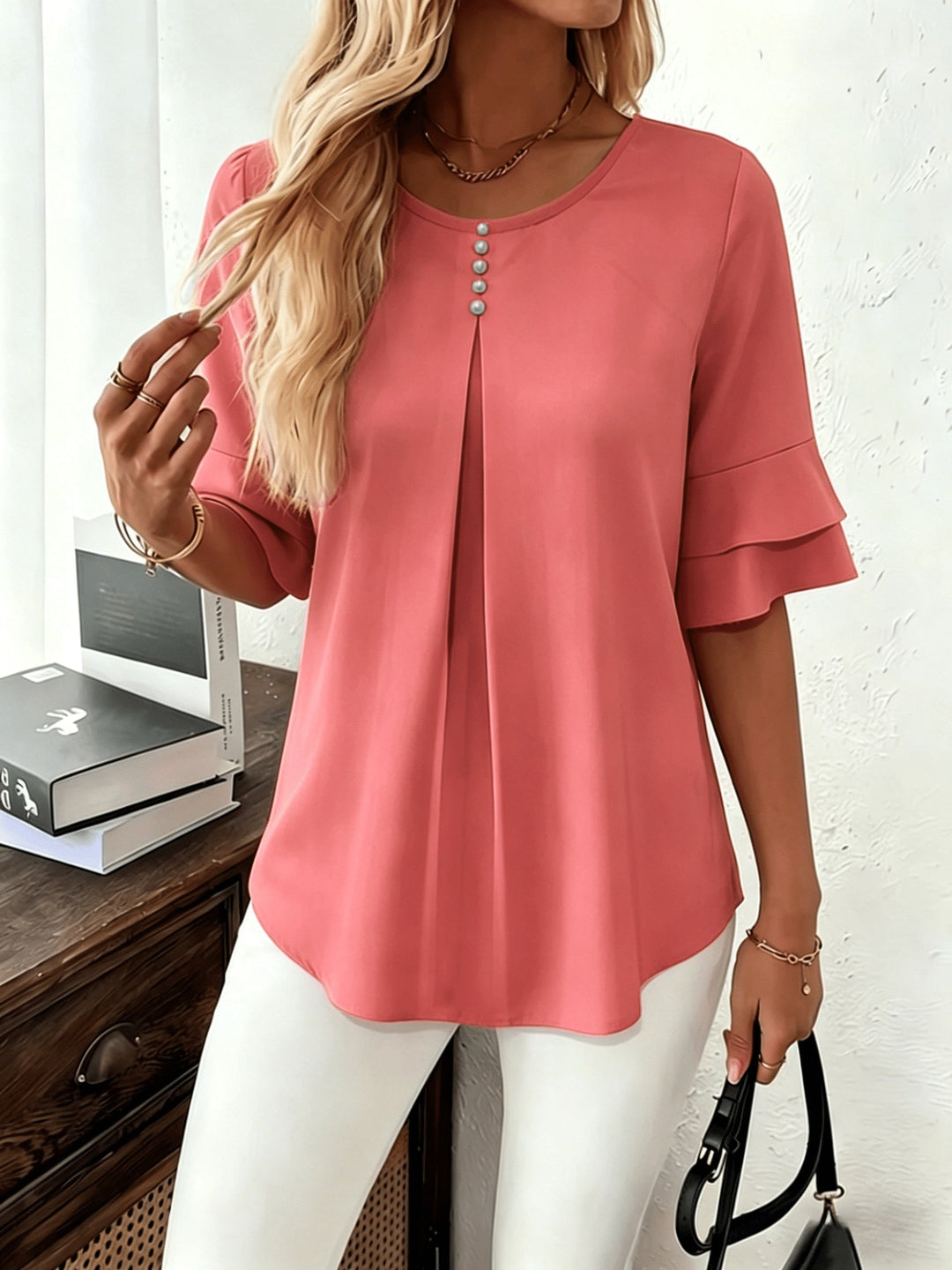 Flared-Sleeve plisowany bluzka