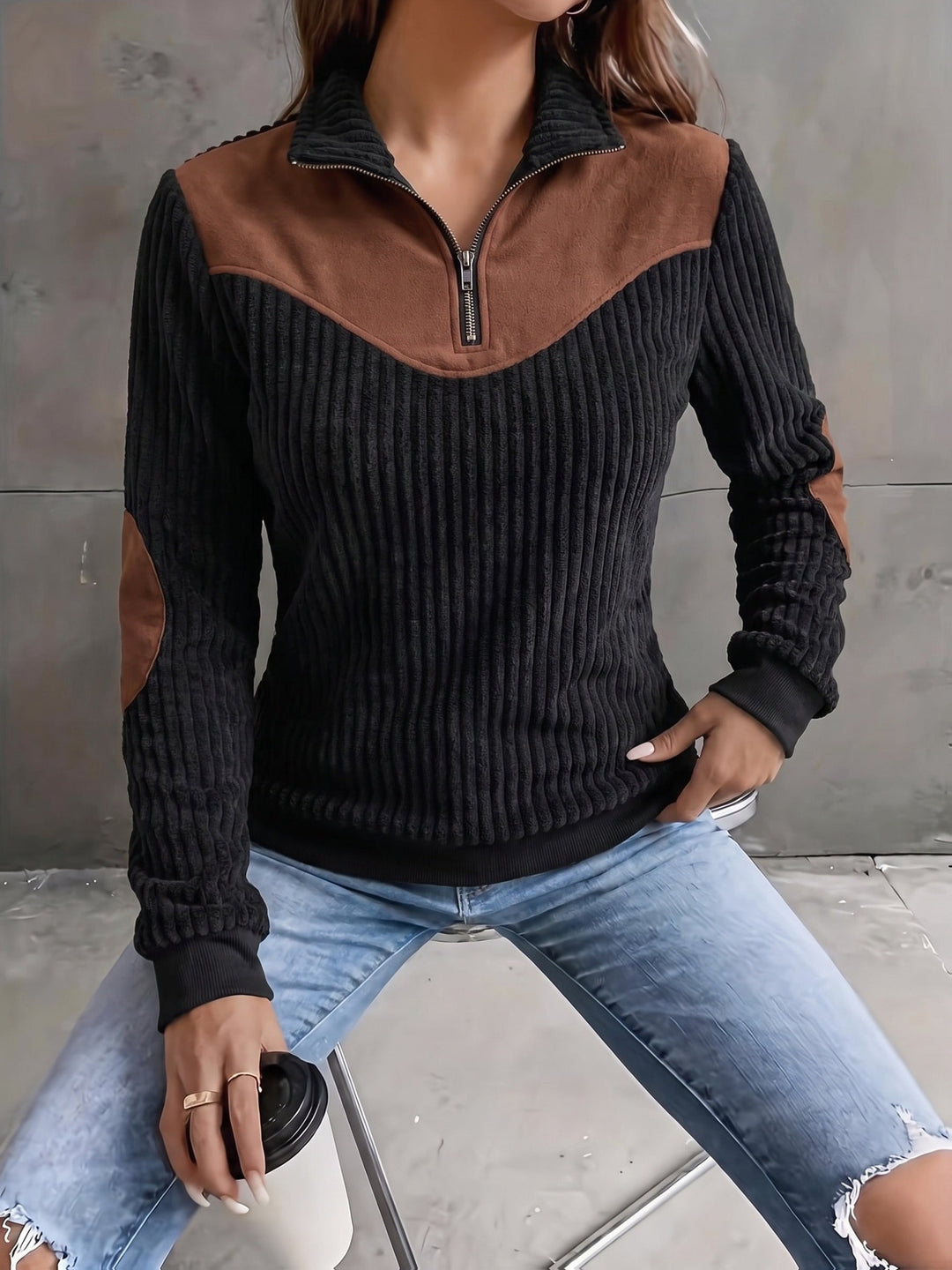 Prążkowany zamek 1/4 sweter