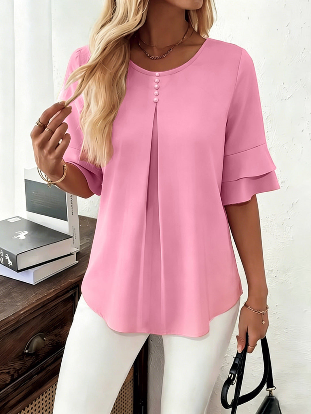 Flared-Sleeve plisowany bluzka