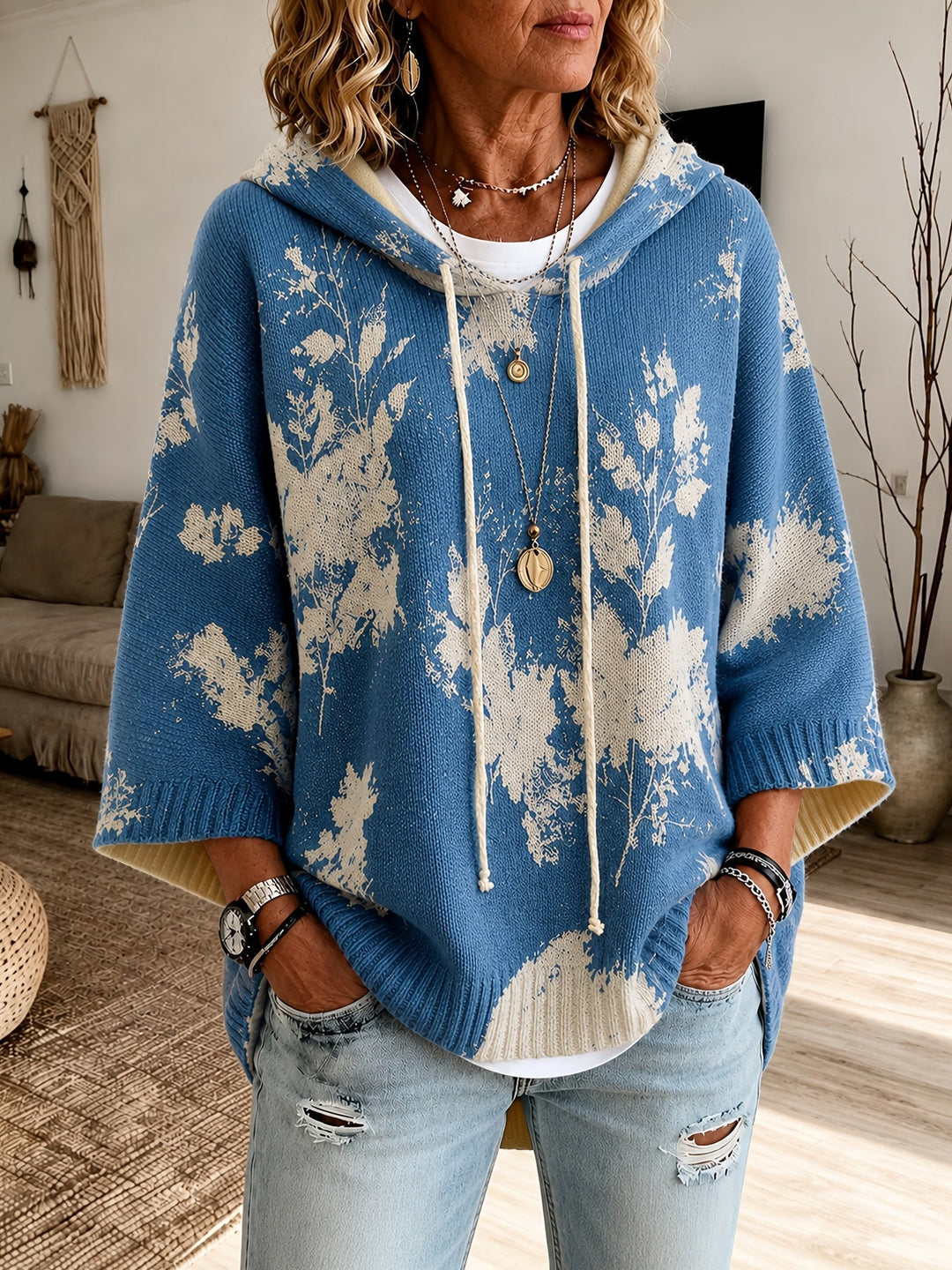 Z kapturem kwiatowy Cape sweter