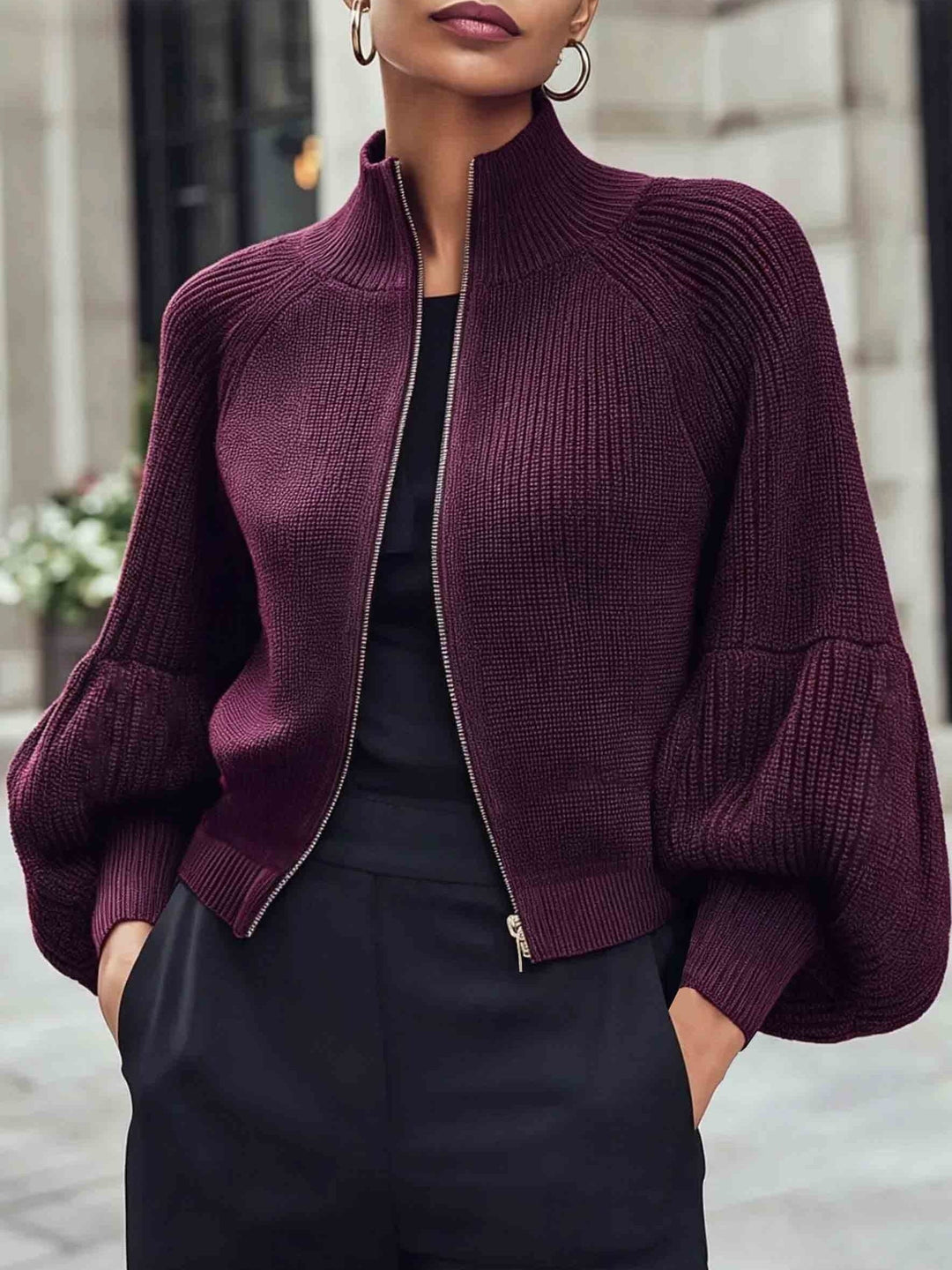 Zip-Up Puff-Sleeve kardigan