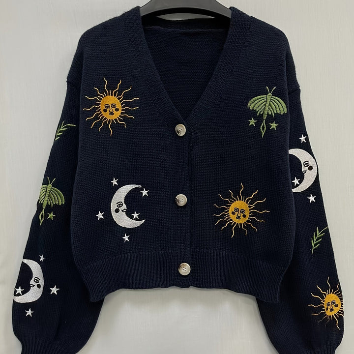Celestial haftowany Lantern-Sleeve kardigan