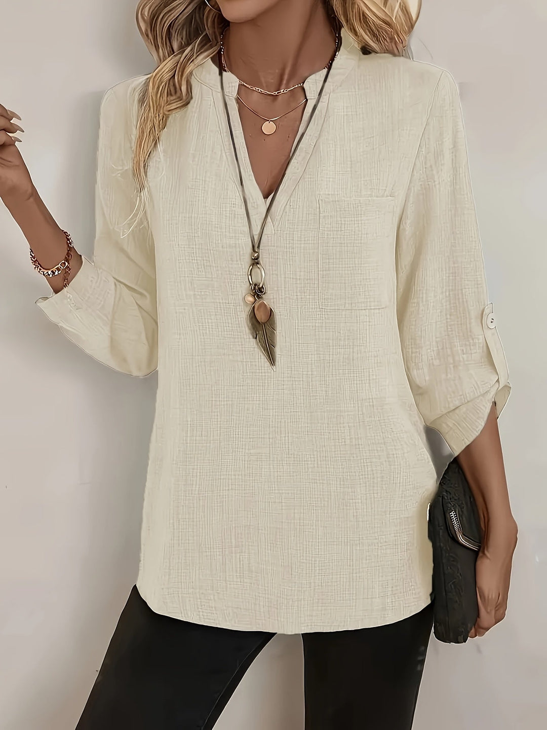 Elegancki dekolt V Roll-Sleeve top