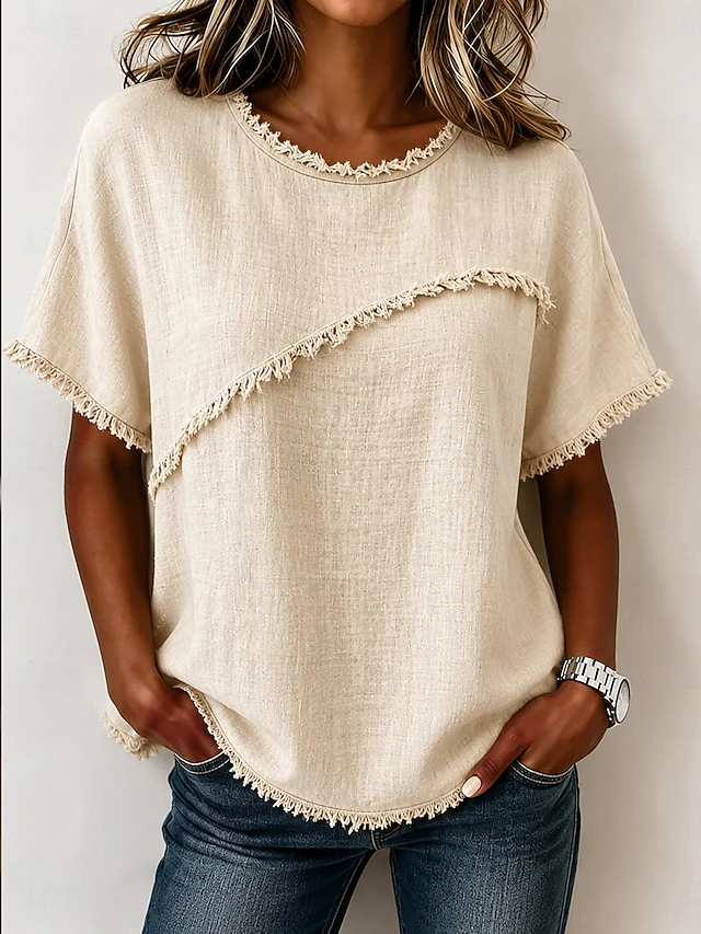 Frayed-Trim Round szyja top