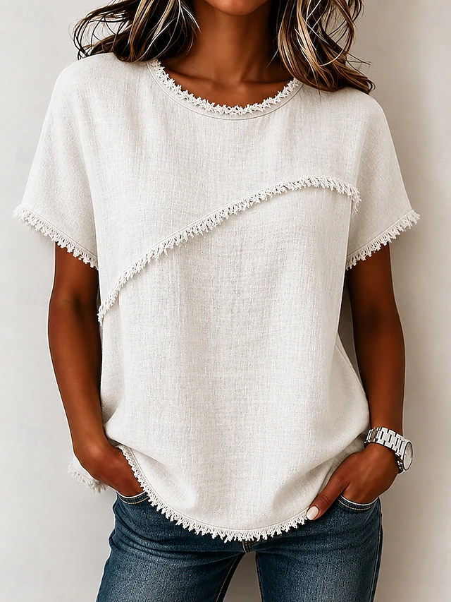 Frayed-Trim Round szyja top