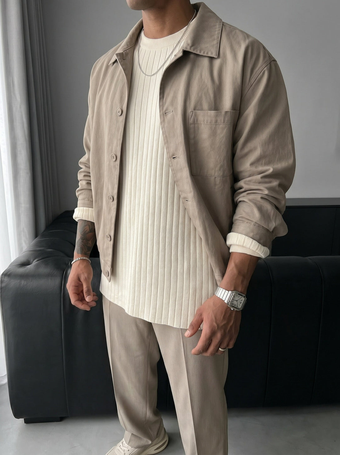 Oversize szeroki sweter z długim rękawem - Kamień