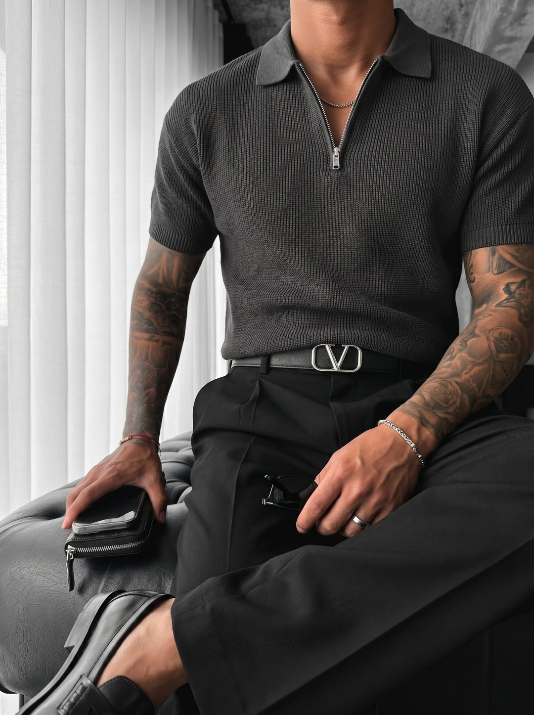 Oversize Zipper Knit Polo T-shirt - Antracyt