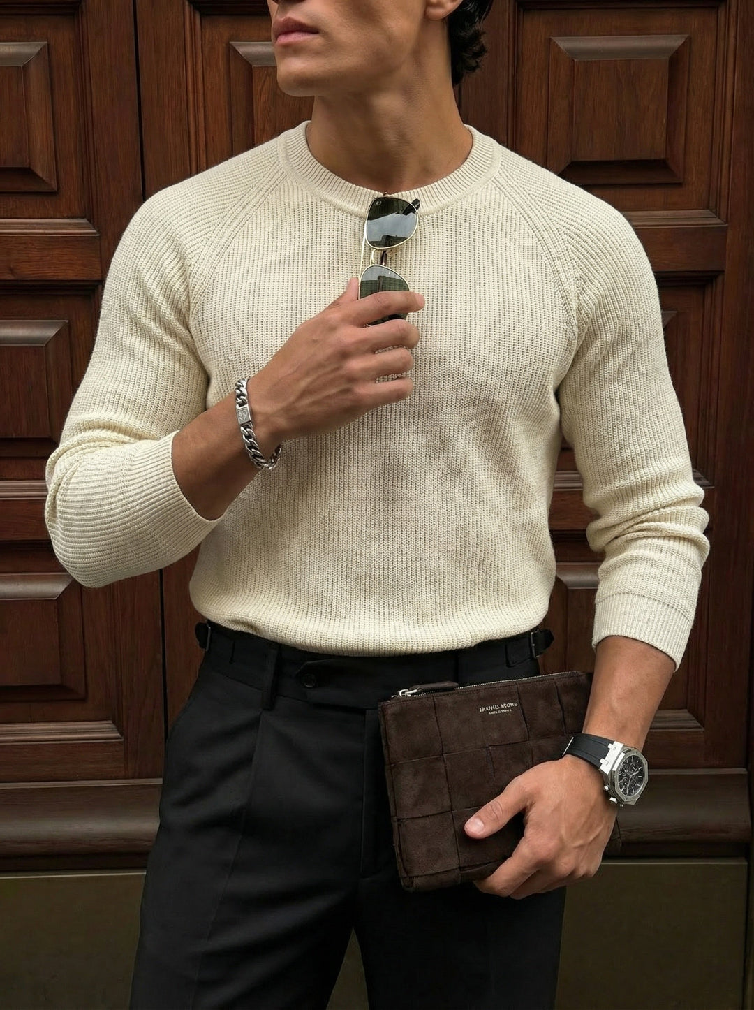 Slim Fit Cienki Sweter - Beżowy