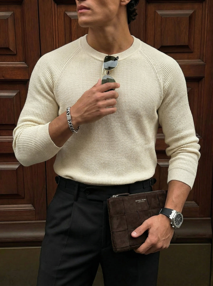 Slim Fit Cienki Sweter - Beżowy