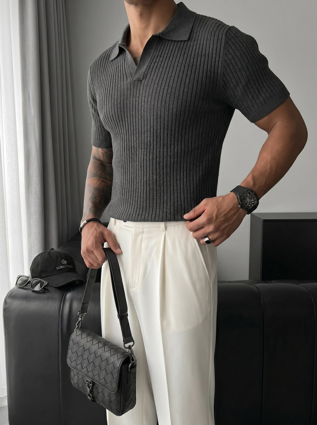 Slim Fit Knit Polo T-Shirt - Antracyt