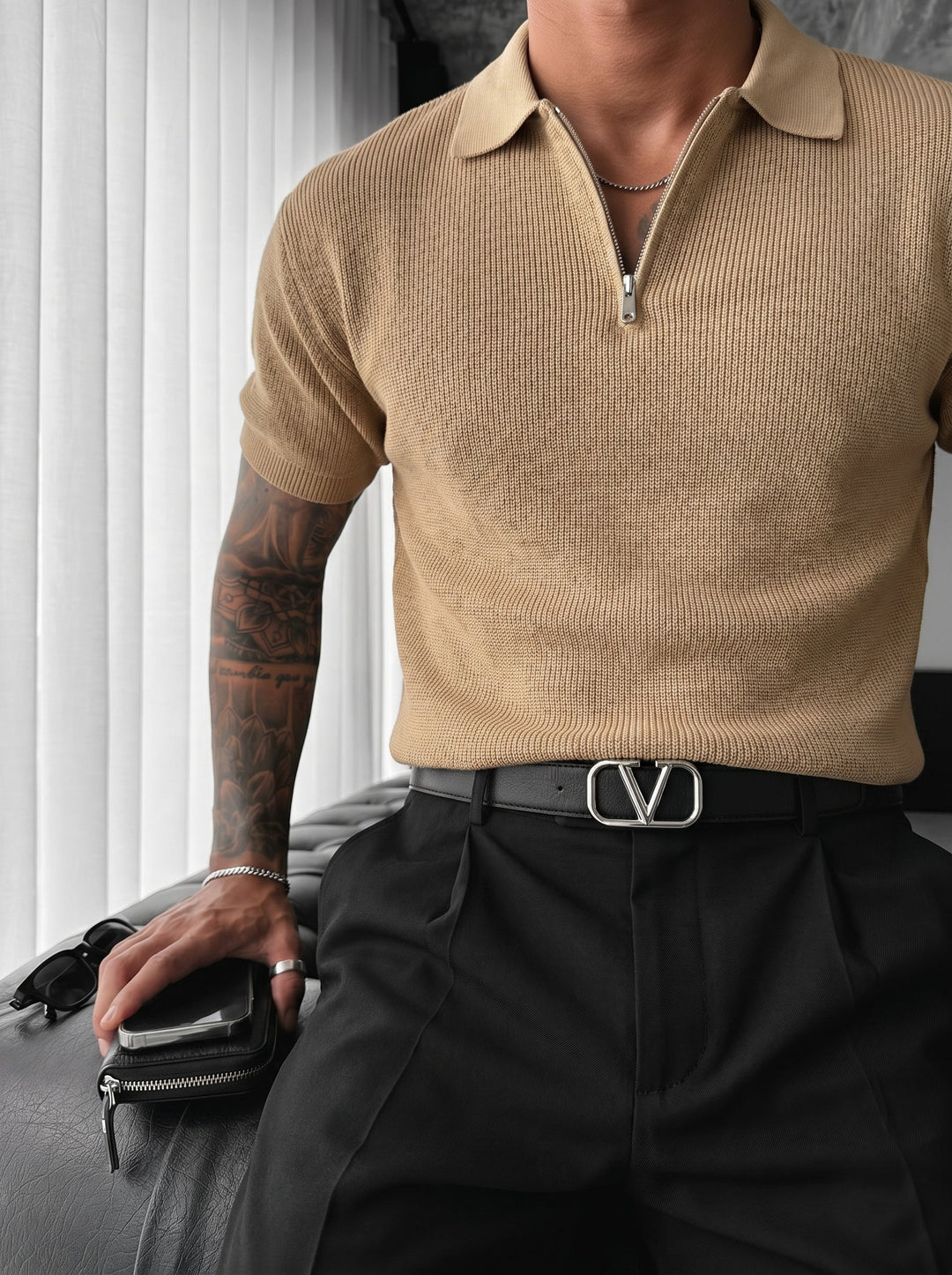 Oversize Zipper Knit Polo T-shirt - Brązowy