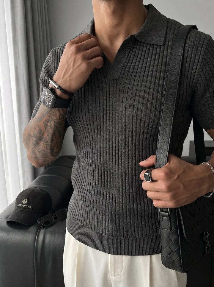 Slim Fit Knit Polo T-Shirt - Antracyt