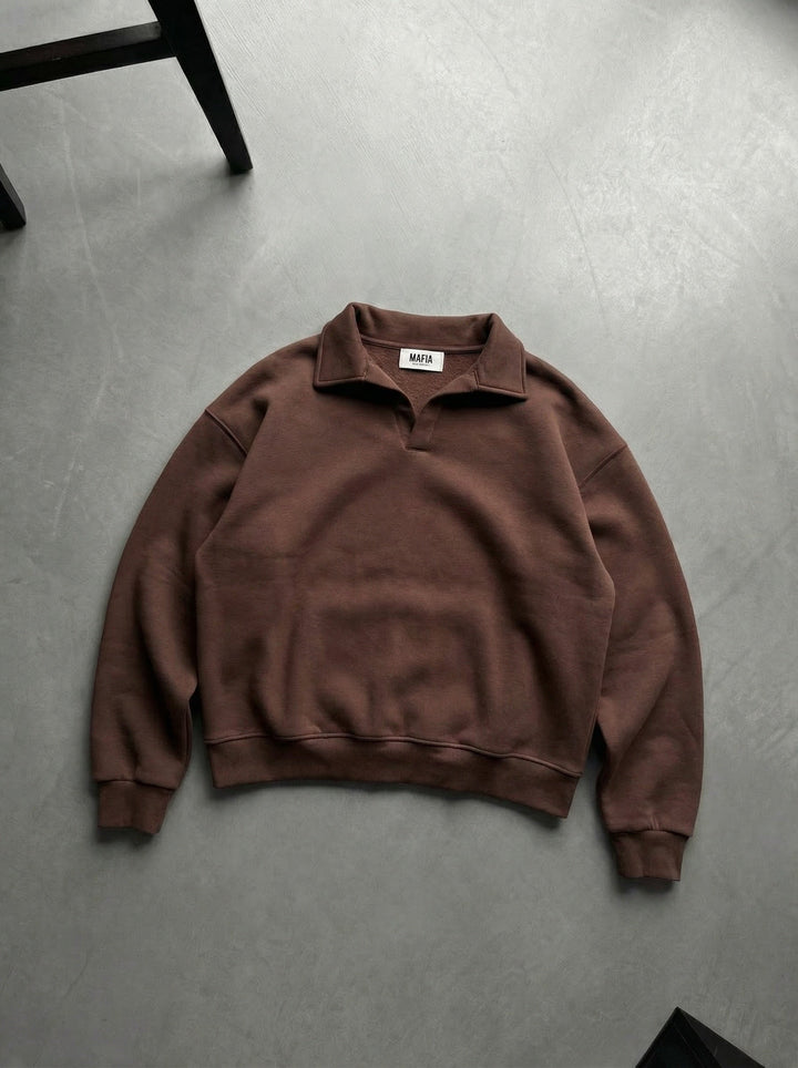 Oversize Podstawowa Bluza Polo - Czekoladowy Brąz