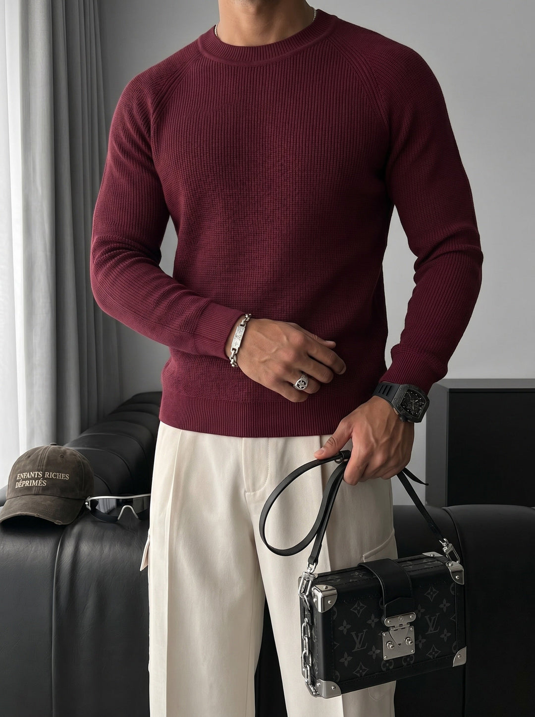 Sweter Slim Fit Cienki - Śliwkowy