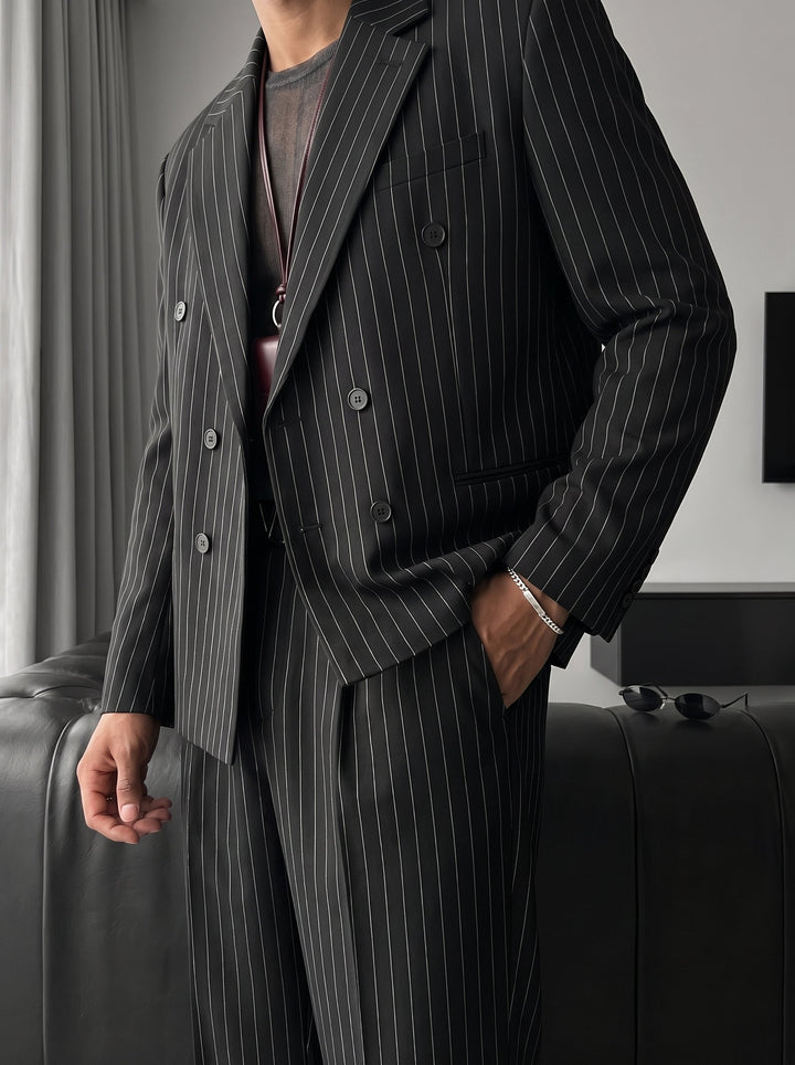 Oversize Pinstripe Podwójnie Zapięty Garnitur - Czarny