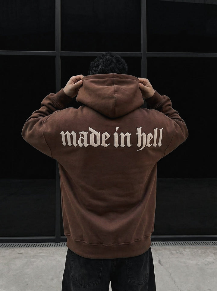 Oversize Made in Hell Hoodie - Brązowy