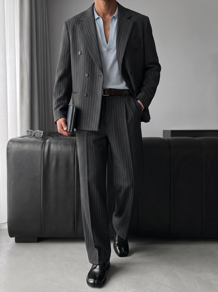 Oversize Pinstripe Podwójnie Zapięty Garnitur - Antracyt