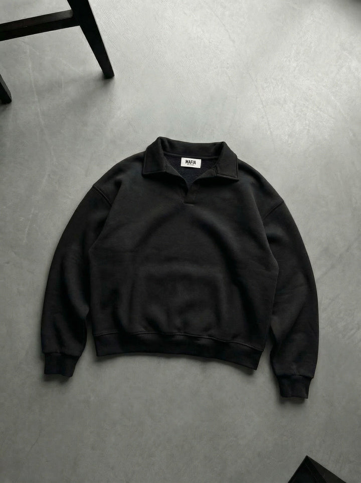 Oversize Basic Polo Sweatshirt - Czarny