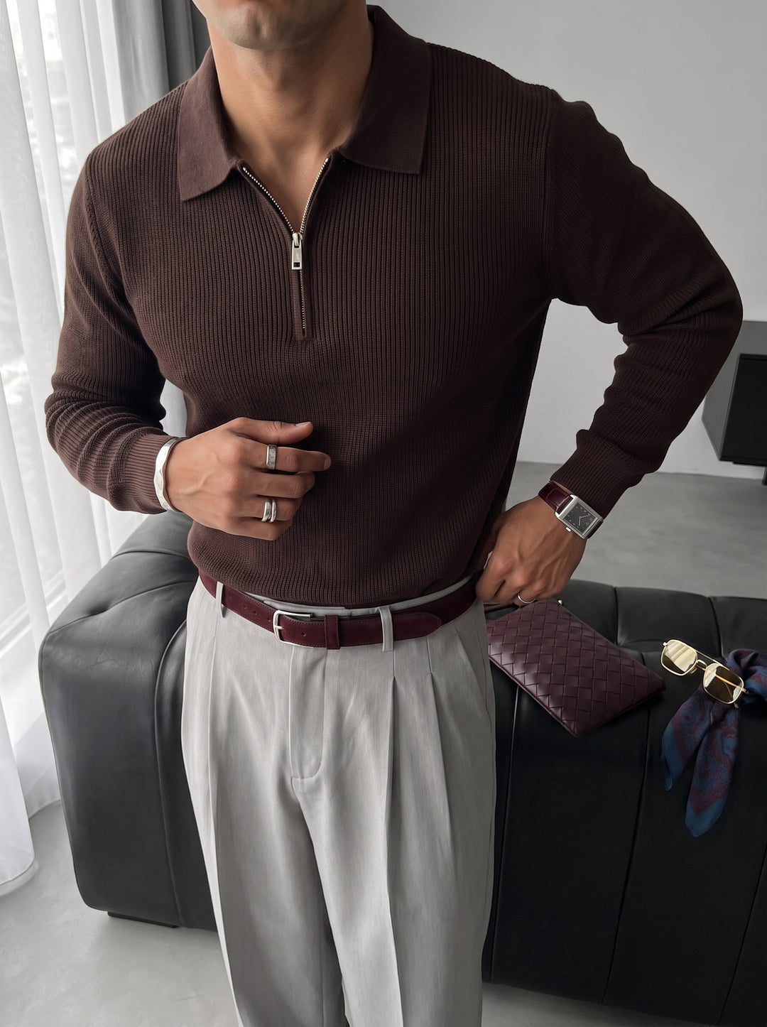 Luźny sweter polo - Ciemny brąz