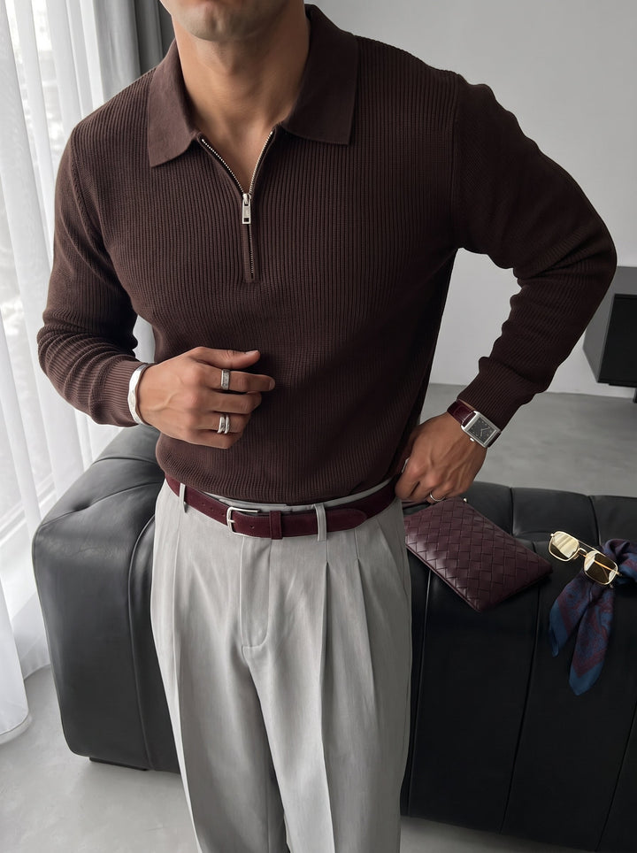Luźny sweter polo - Ciemny brąz