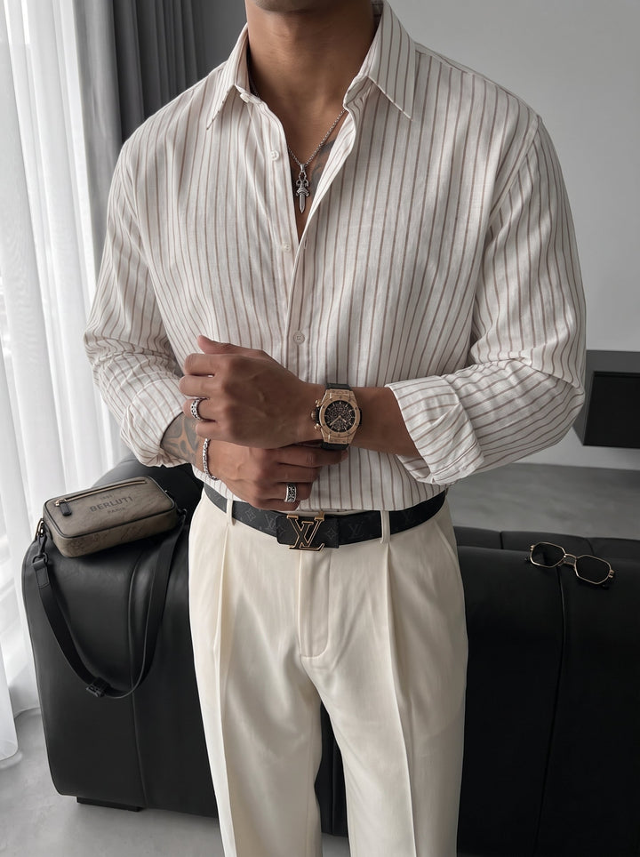 Oversize Koszula Bawełniana w Cienkie Paski - Ecru i Camel