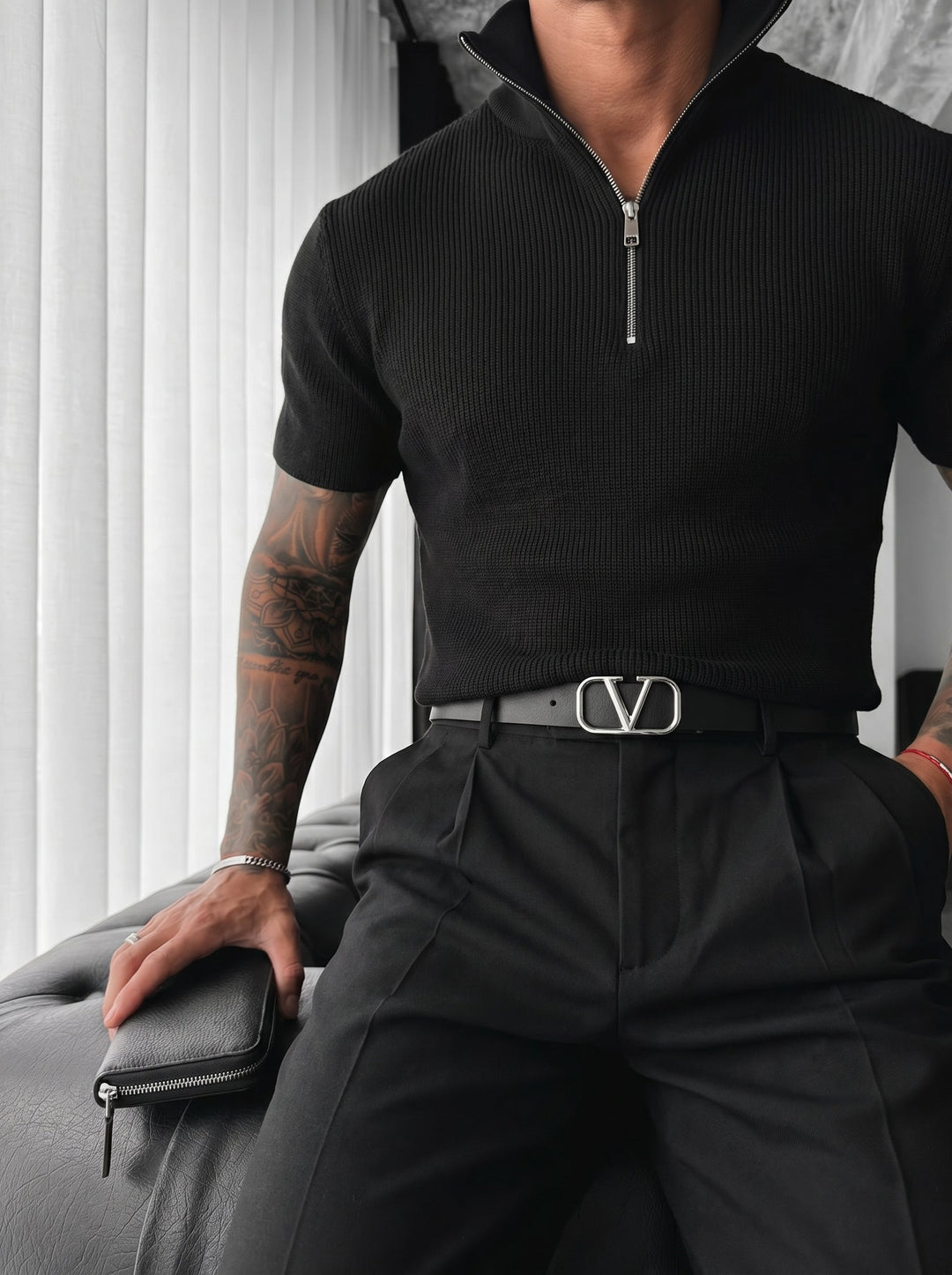Oversize Zip Neck Knit T-shirt - Czarny