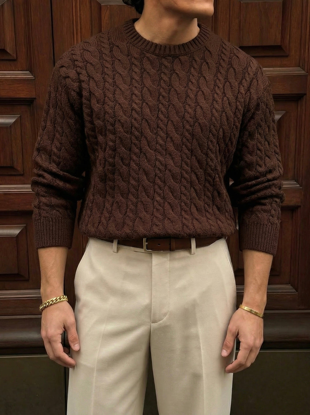 Sweter Oversize z Plecionką - Ciemny Brąz