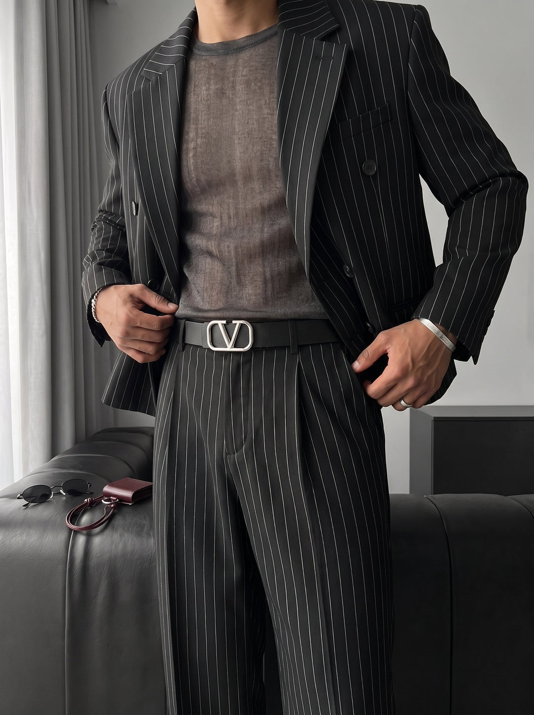 Oversize Pinstripe Podwójnie Zapięty Garnitur - Czarny