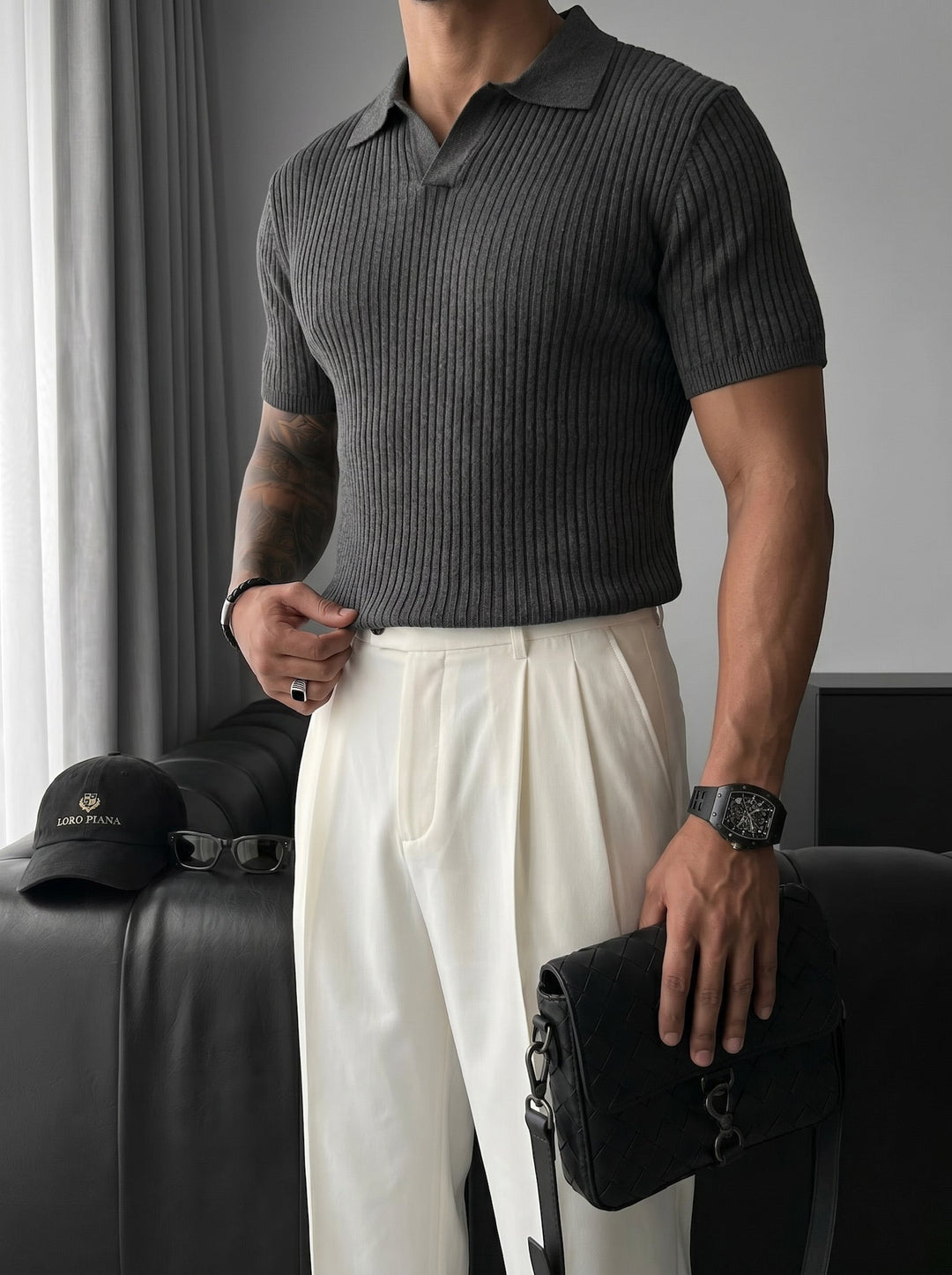 Slim Fit Knit Polo T-Shirt - Antracyt