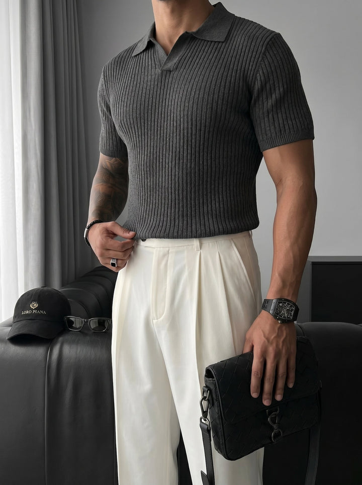 Slim Fit Knit Polo T-Shirt - Antracyt