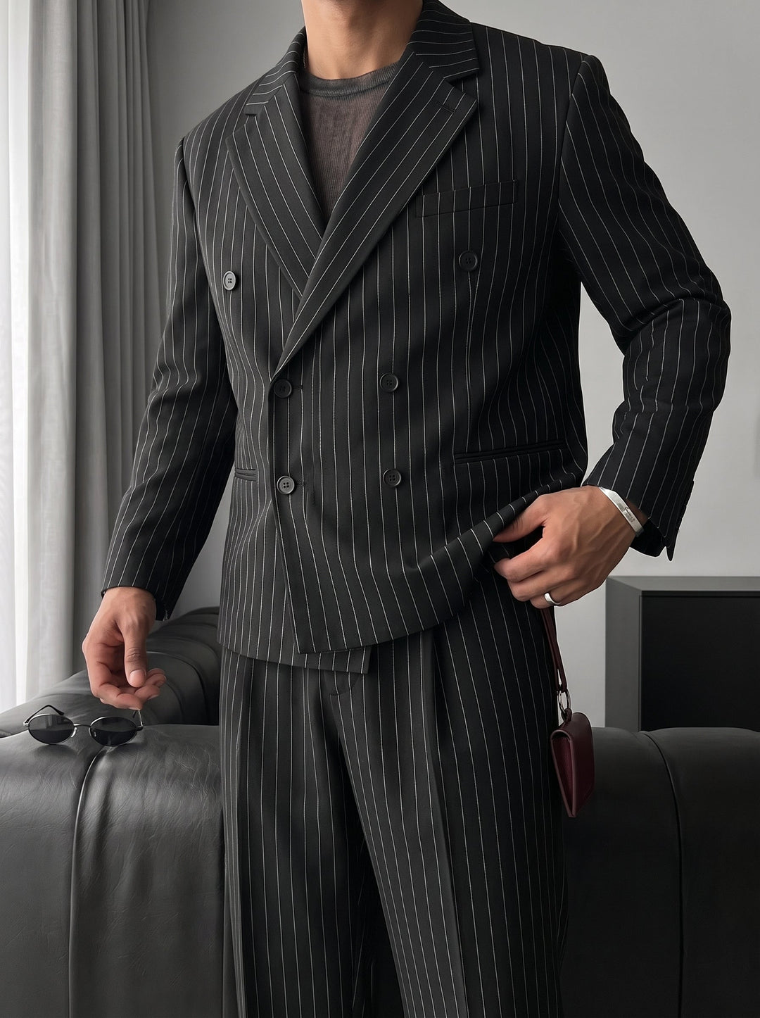 Oversize Pinstripe Podwójnie Zapięty Garnitur - Czarny