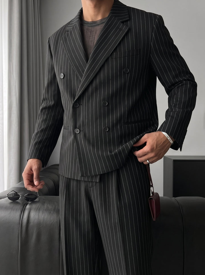 Oversize Pinstripe Podwójnie Zapięty Garnitur - Czarny