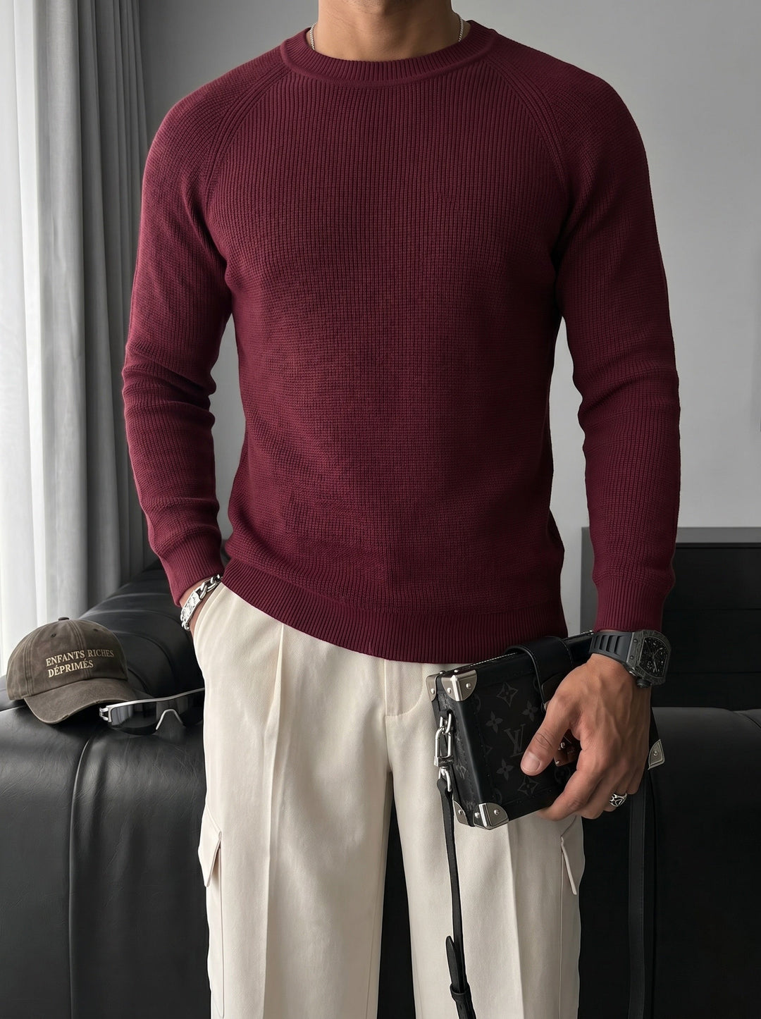 Sweter Slim Fit Cienki - Śliwkowy
