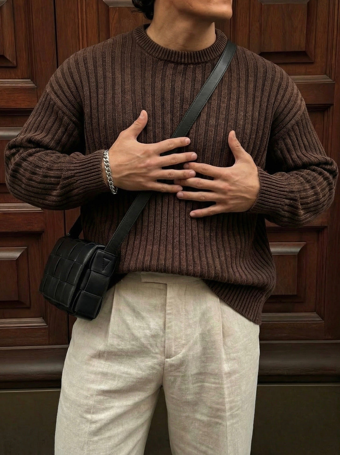 Oversize Ribbed Washed Sweater - Brązowy