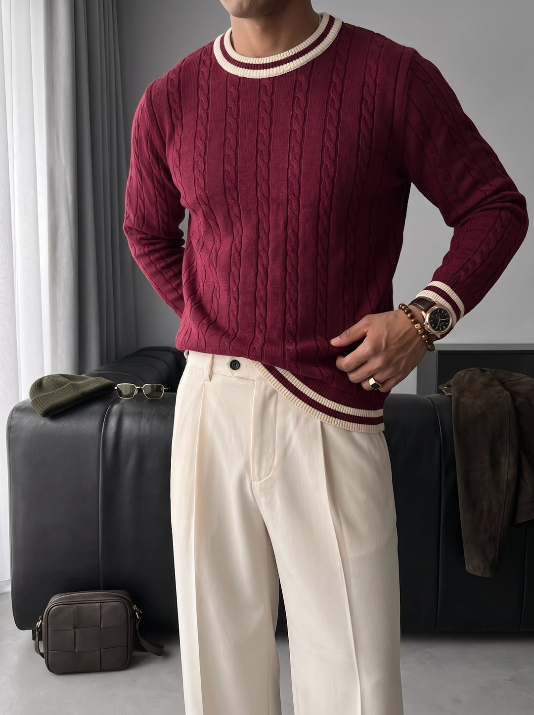 Sweter o regularnym kroju z plecionką - Port Royale