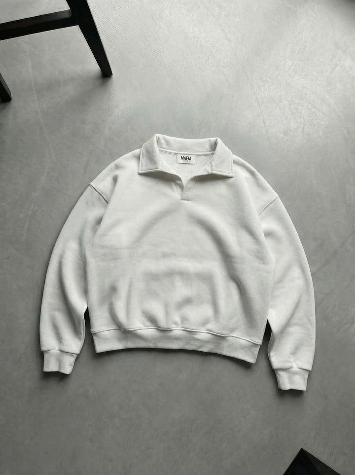 Oversize Basic Polo Sweatshirt - Biały