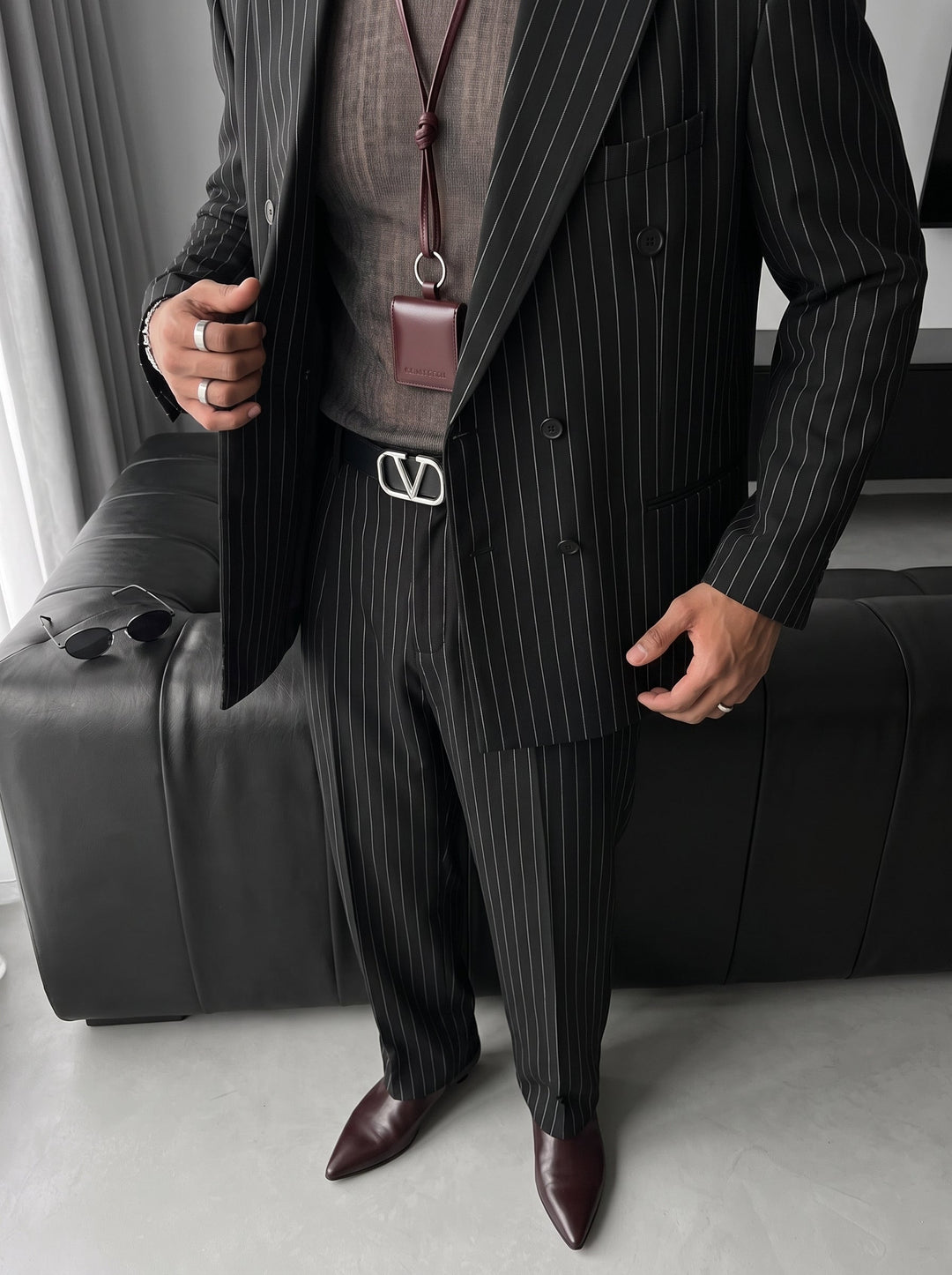 Oversize Pinstripe Podwójnie Zapięty Garnitur - Czarny