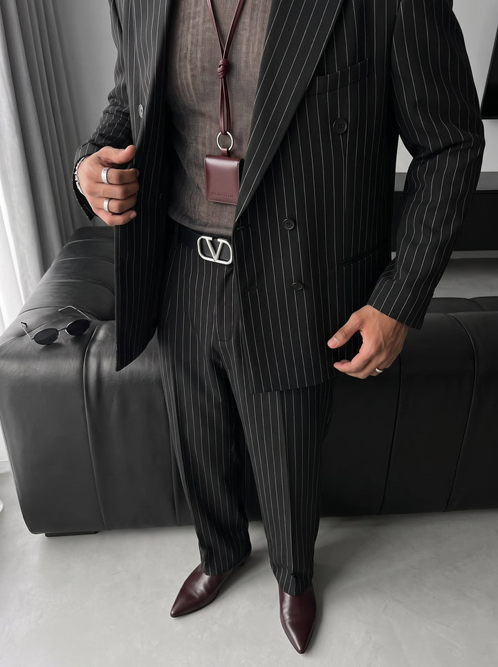 Oversize Pinstripe Podwójnie Zapięty Garnitur - Czarny