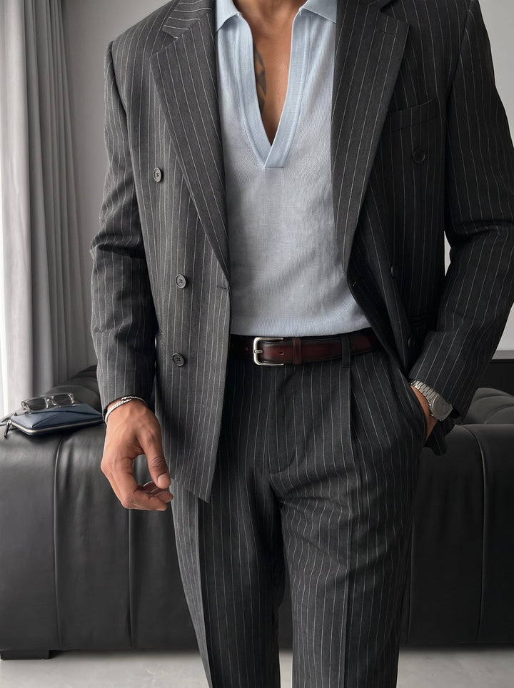 Oversize Pinstripe Podwójnie Zapięty Garnitur - Antracyt