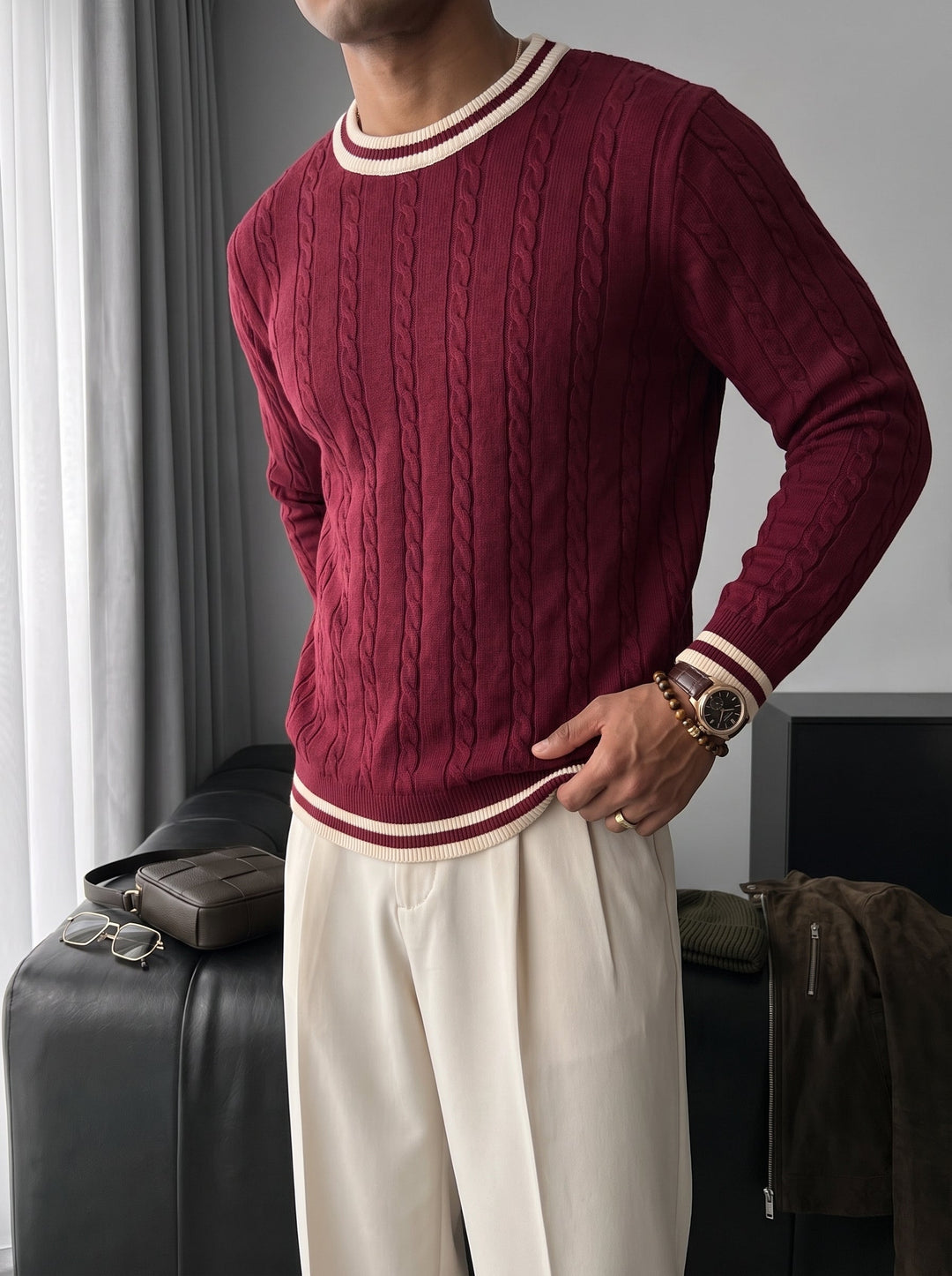 Sweter o regularnym kroju z plecionką - Port Royale