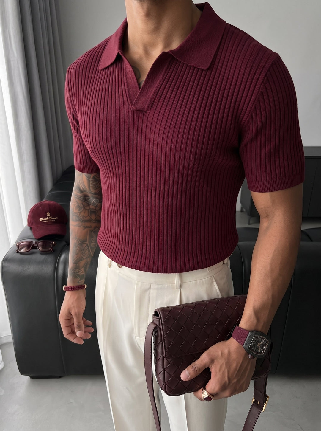 Slim Fit Knit Polo T-Shirt - Śliwka